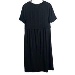 Zara Black Pattered Cap Cuffed Sleeve Midi Lagenlook Short Sleeve Dress Size S